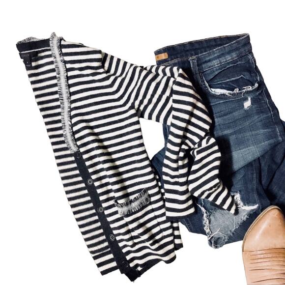 J. CREW Black White Striped Harlow Cardigan Cardi Sweater Button Tweed Trim S - Picture 7 of 7